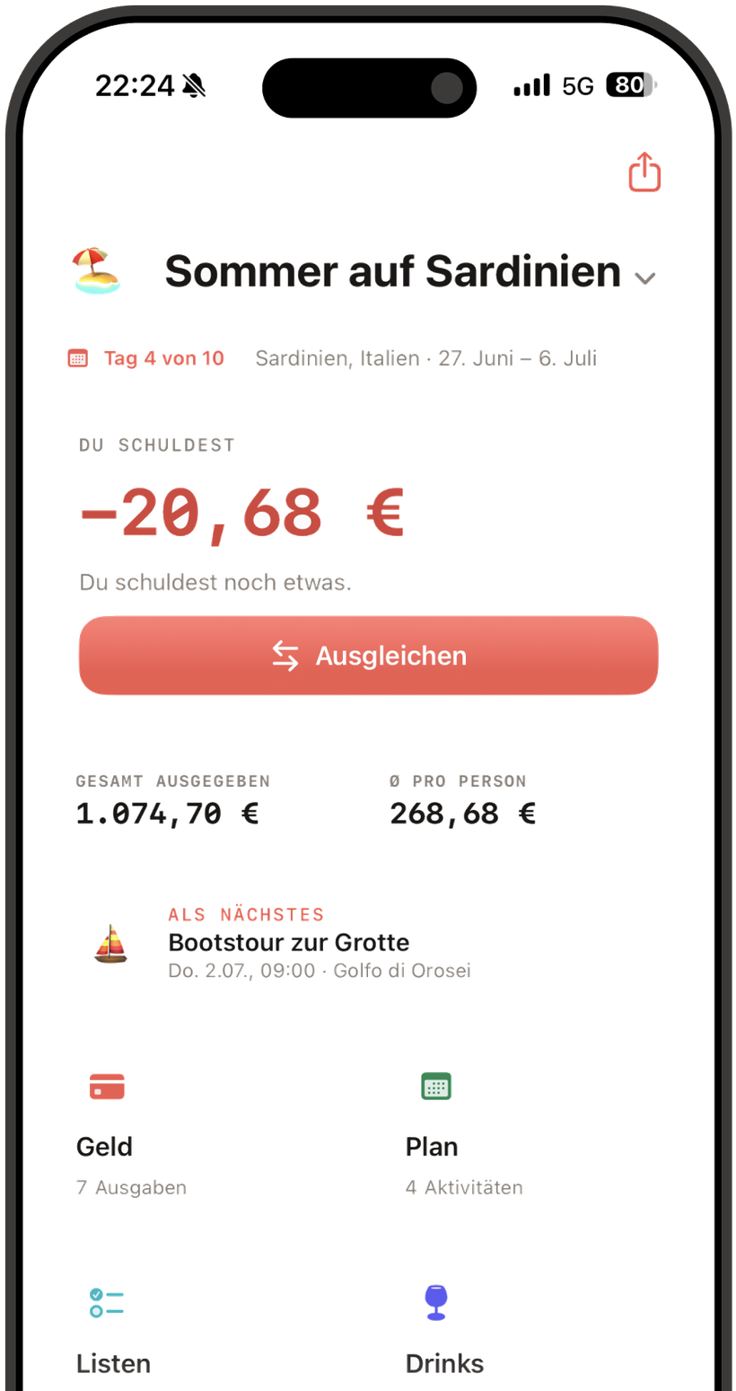 Bande-App: Reise-Übersicht mit Saldo, Ausgleichen und Reise-Planung